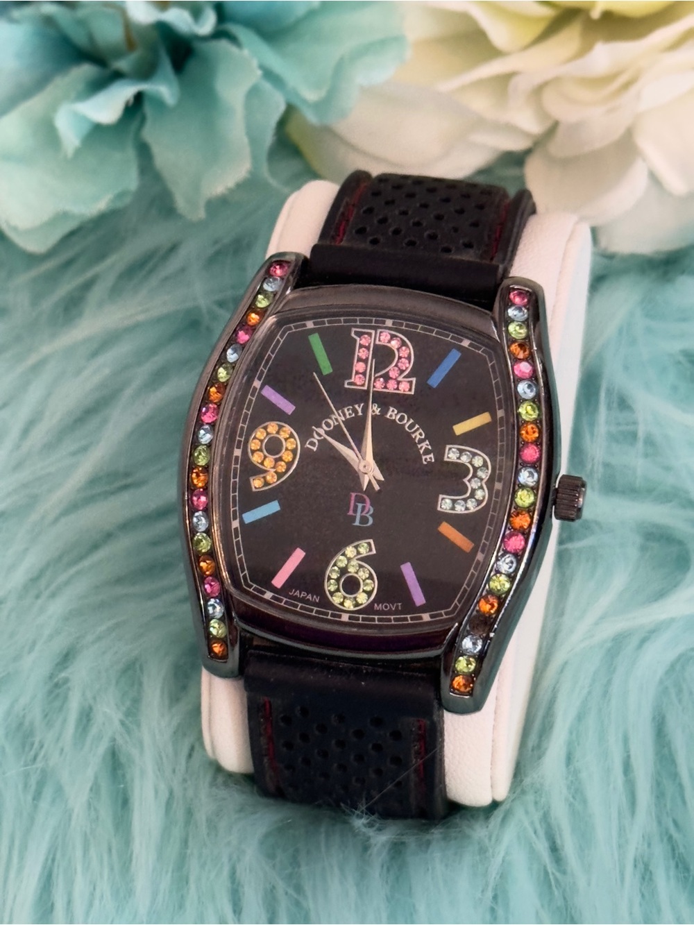 Dooney & Bourke Black Strap Watch with Multicolor Crystal Accents